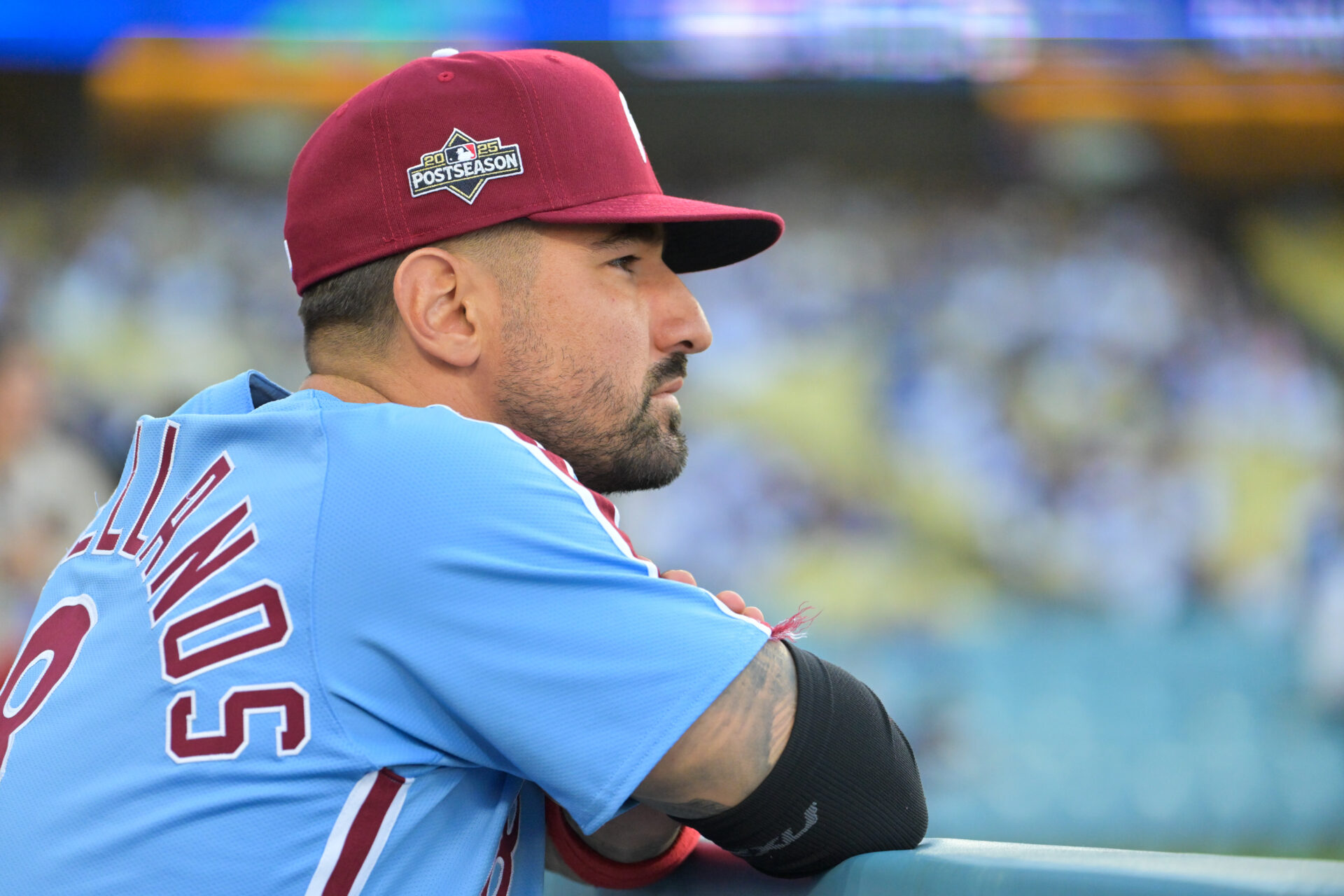 Philadelphia Phillies right fielder Nick Castellanos (8) looks on before the game against the Los Angeles Dodgers during game three of the NLDS round for the 2025 MLB playoffs at Dodger Stadium.