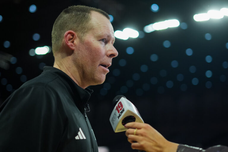 Miami (OH) RedHawks head coach Travis Steele answers media questions after his team’s win against the Ohio Bobcats at Millett Hall.