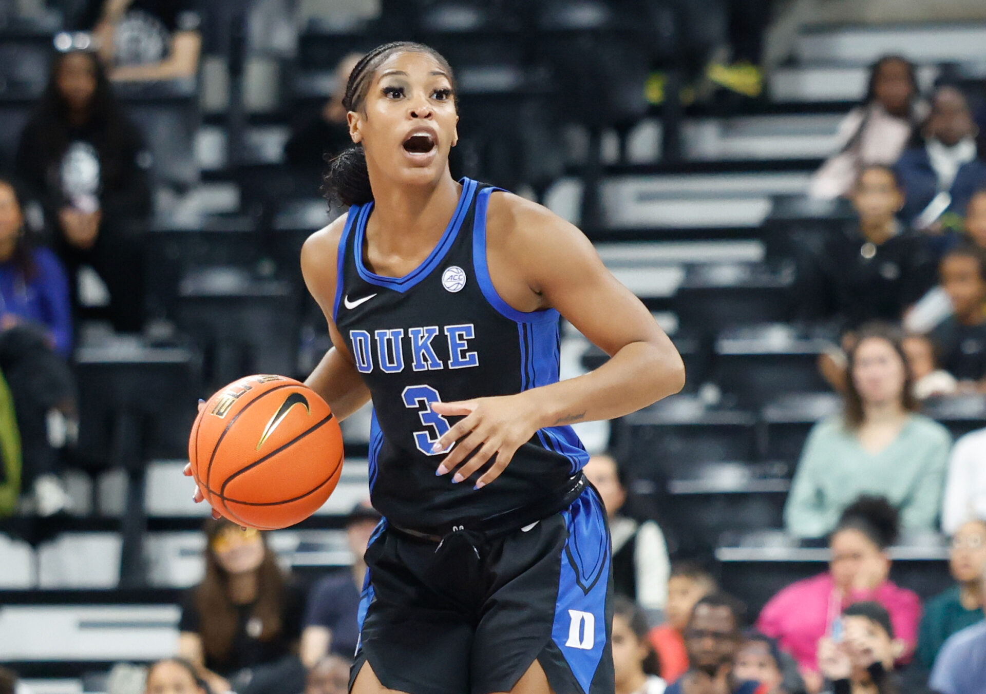 Duke Blue Devils guard Ashlon Jackson (3) looks to pass against the Baylor Bears during the first half at Adidas Arena.