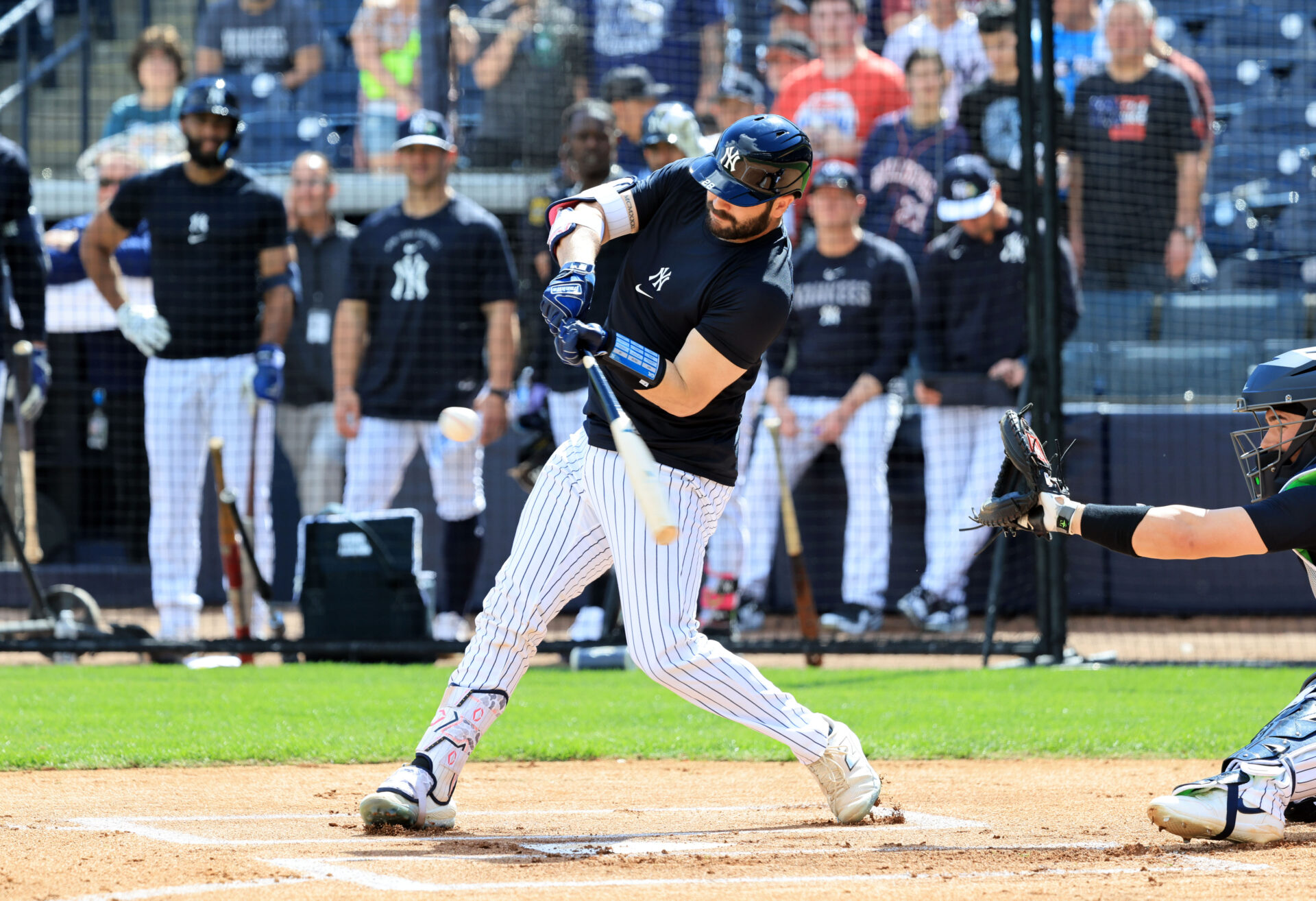 New York Yankees catcher Austin Wells (28) during live batting practice during spring training workouts at George M. Steinbrenner Field.