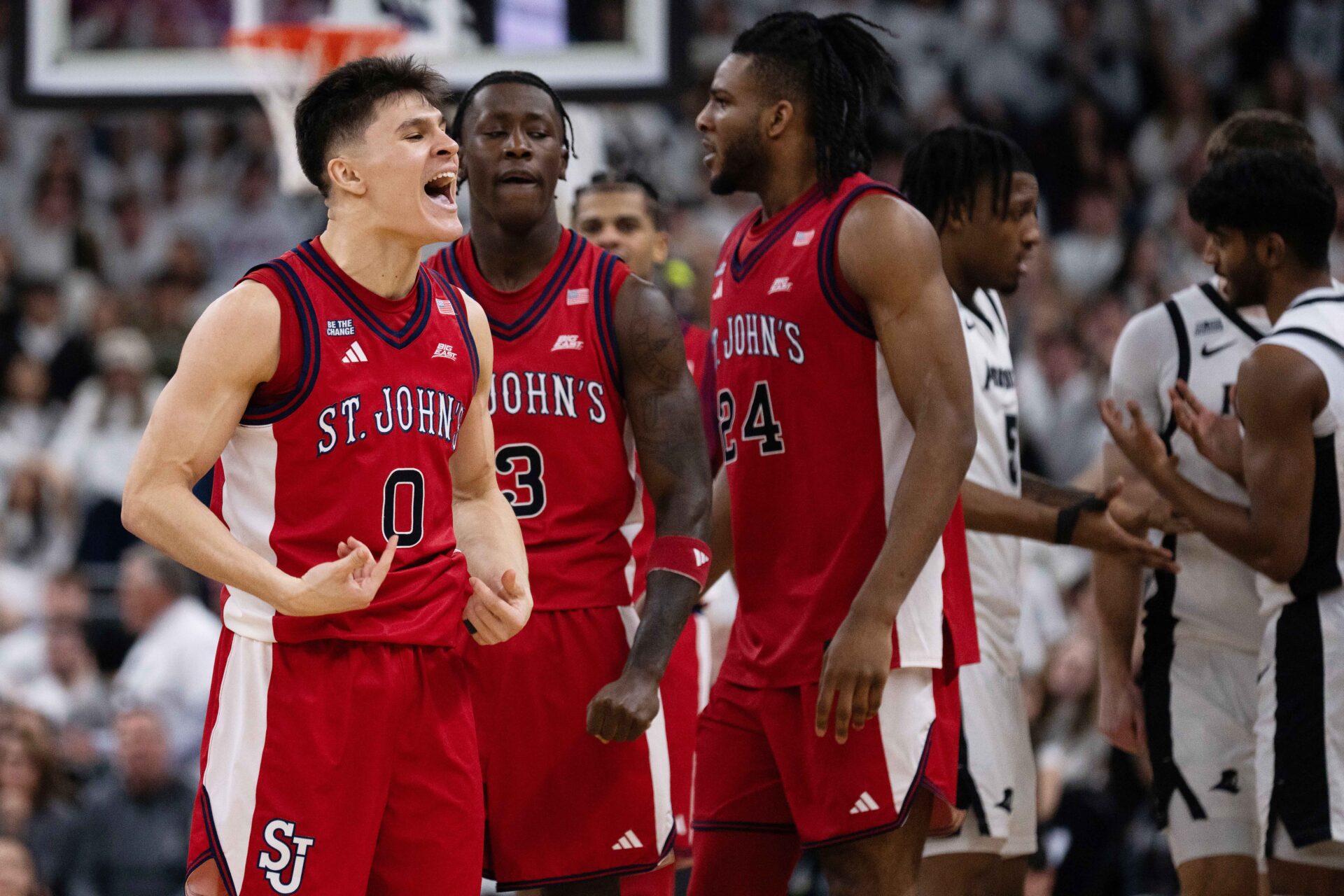 St. John’s University Red Storm guard Dylan Darling (0) reacts during the second half of the game against the Providence College Friars at Amica Mutual Pavilion.