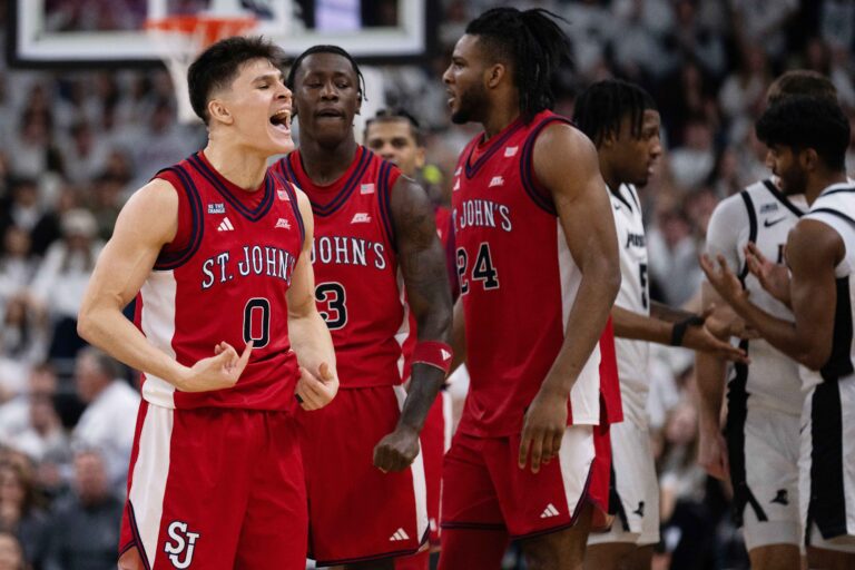 St. John’s University Red Storm guard Dylan Darling (0) reacts during the second half of the game against the Providence College Friars at Amica Mutual Pavilion.