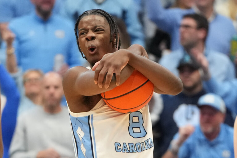 North Carolina Tar Heels forward Caleb Wilson (8) reacts in the second  half at Dean E. Smith Center.