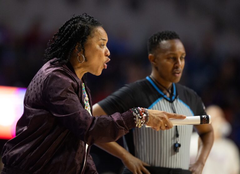 South Carolina head coach Dawn Staley reacts during the first half of an NCAA women’s basketball game against Florida at Steven C. O'Connell Center Exactek arena in Gainesville, FL on Sunday, January 4, 2026. [Alan Youngblood/Gainesville Sun]