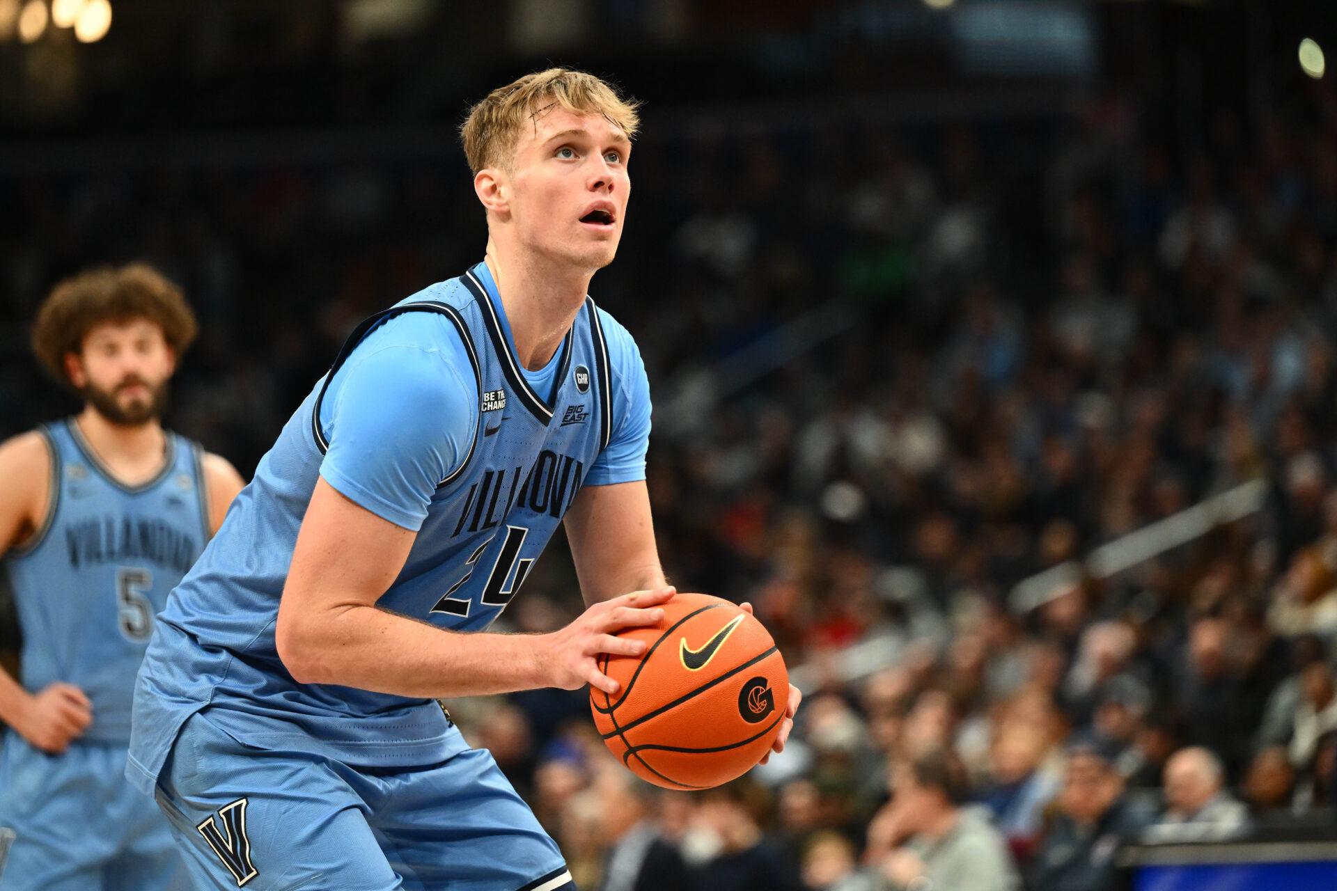 Villanova Wildcats forward Duke Brennan (24) at the free throw line against the Georgetown Hoyas during the first half at Capital One Arena.