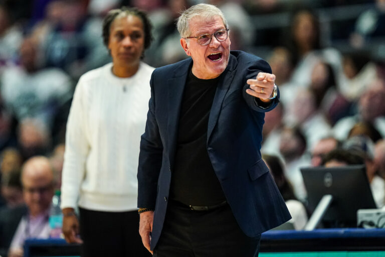 UConn Huskies head coach Geno Auriemma watches from the sideline as they take on the Tennessee Volunteers at PeoplesBank Arena.