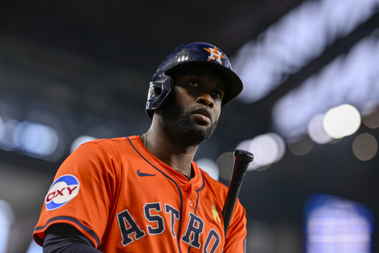 Houston Astros left fielder Yordan Alvarez (44) walks to the on-deck circle during the game between the Texas Rangers and the Houston Astros at Globe Life Field.