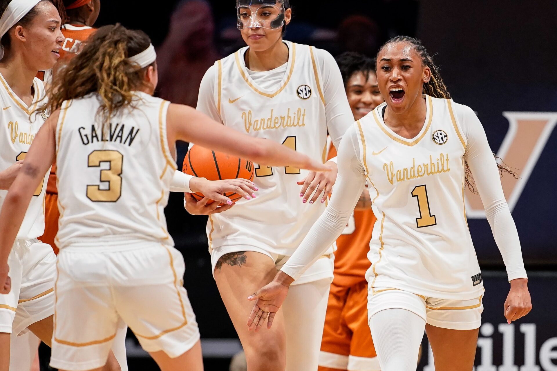 Vanderbilt guard Mikayla Blakes (1) celebrates after being fouled during the second quarter against Texas at Memorial Gymnasium in Nashville, Tenn., Thursday, Feb. 12, 2026.