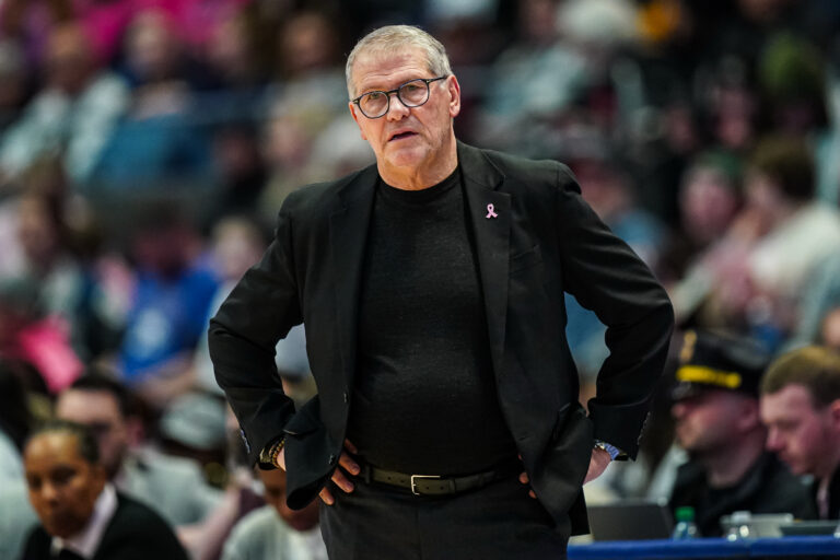 UConn Huskies head coach Geno Auriemma watches from the sideline as they take on the Butler Bulldogs at PeoplesBank Arena.