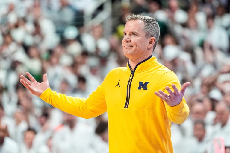 Michigan head coach Dusty May reacts to a play against Michigan State during the first half at Breslin Center in East Lansing on Friday, Jan. 30, 2026.