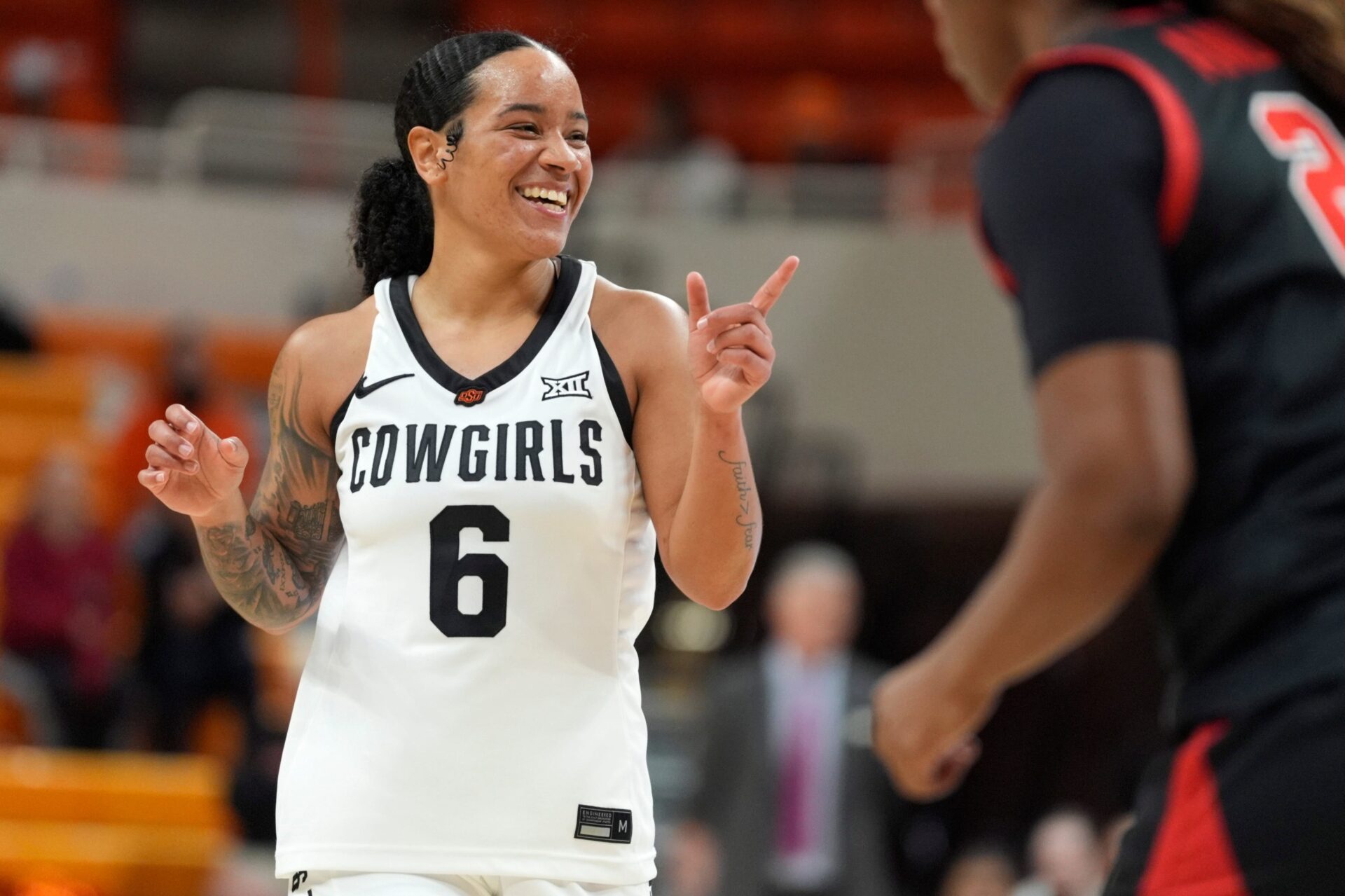 Oklahoma State Cowgirls guard Jadyn Wooten (6) smiles after making a basket during a women's college basketball game between the Oklahoma State Cowgirls (OSU) and the Houston Cougars at Gallagher-Iba Arena in Stillwater, Saturday, Jan. 3, 2026. Oklahoma State won 83-52.