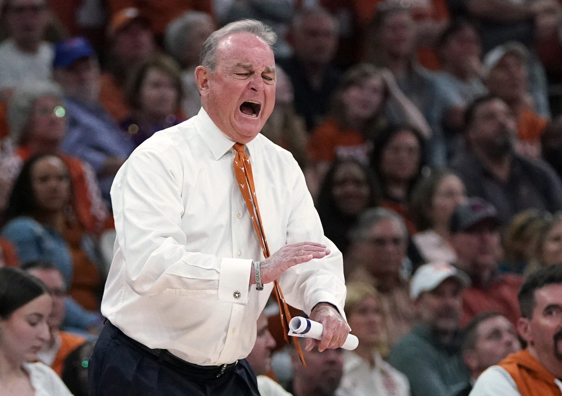 Texas Longhorns head coach Vic Schaefer reacts during the second half against the LSU Tigers at Moody Center.