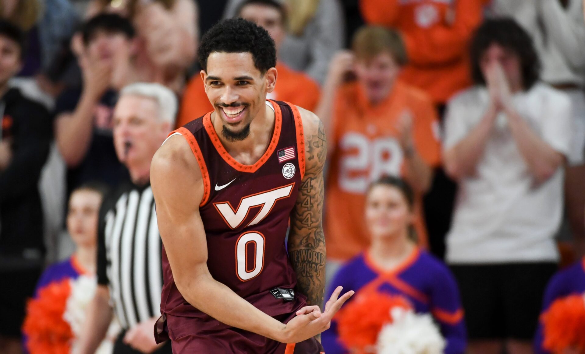 Virginia Tech Hokies guard Jailen Bedford (0) reacts after scoring Wednesday, Feb. 11, 2026, during the NCAA men’s basketball game against the Clemson Tigers at Littlejohn Coliseum in Clemson, South Carolina. Virginia Tech Hokies 76-66.