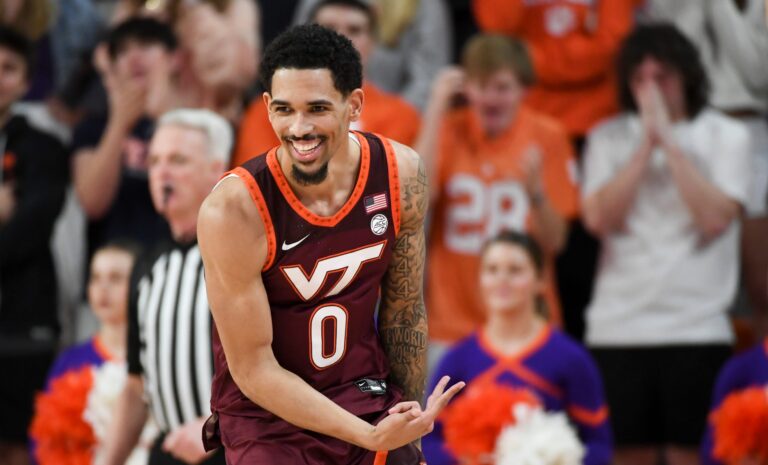 Virginia Tech Hokies guard Jailen Bedford (0) reacts after scoring Wednesday, Feb. 11, 2026, during the NCAA men’s basketball game against the Clemson Tigers at Littlejohn Coliseum in Clemson, South Carolina. Virginia Tech Hokies 76-66.
